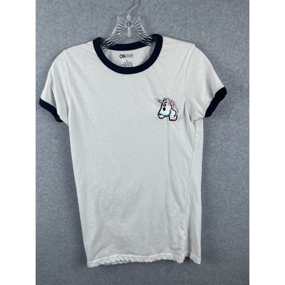 On Fire‎ Unicorn Shirt Women's L White Short Sleeve Ringer Tee Embroidered